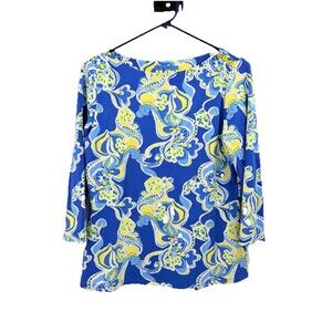 J. McLaughlin Ladies Top Sz Medium Catalina Cloth 3/4 Sleeve Blue Yellow Paisley